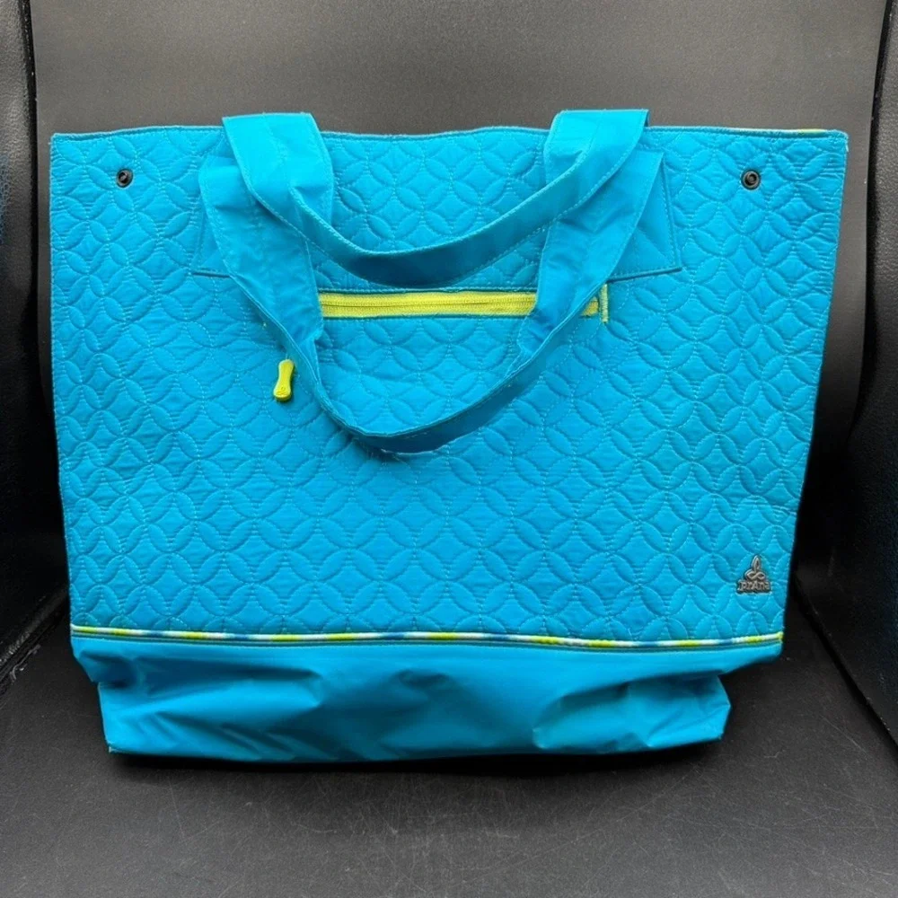 Prana‎ Quilted Tote Bag Women Large Blue Geometric Yoga Gym Travel Boho